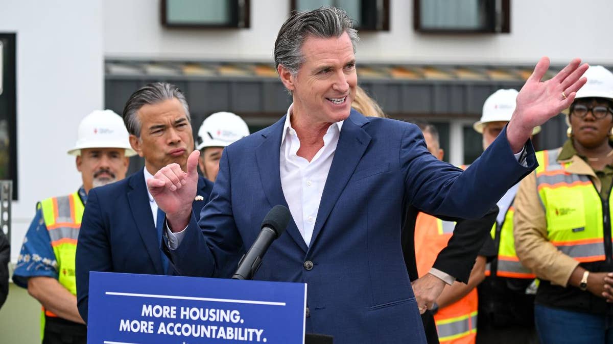 closeup shot of Gov. Gavin Newsom at podium