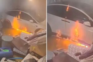 Tesla erupts into flames inside flooded Florida garage following Hurricane Helene: scary video