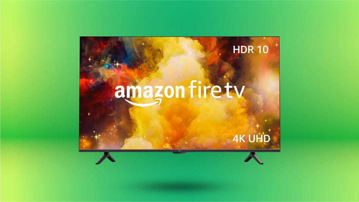 The Amazon 55-inch Omni Series Fire TV is displayed against a gradient green background.