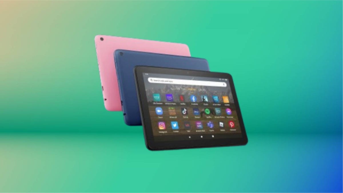 Amazon Fire HD 8 trio of tablets displayed against a gradient green background.