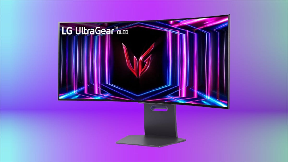 LG Ultragear gaming monitor on purple CNET background