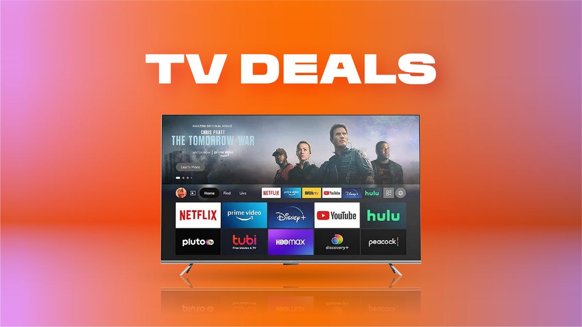 A TV showing a grid of streaming app icons set against an orange gradient background with the words TV Deals above.