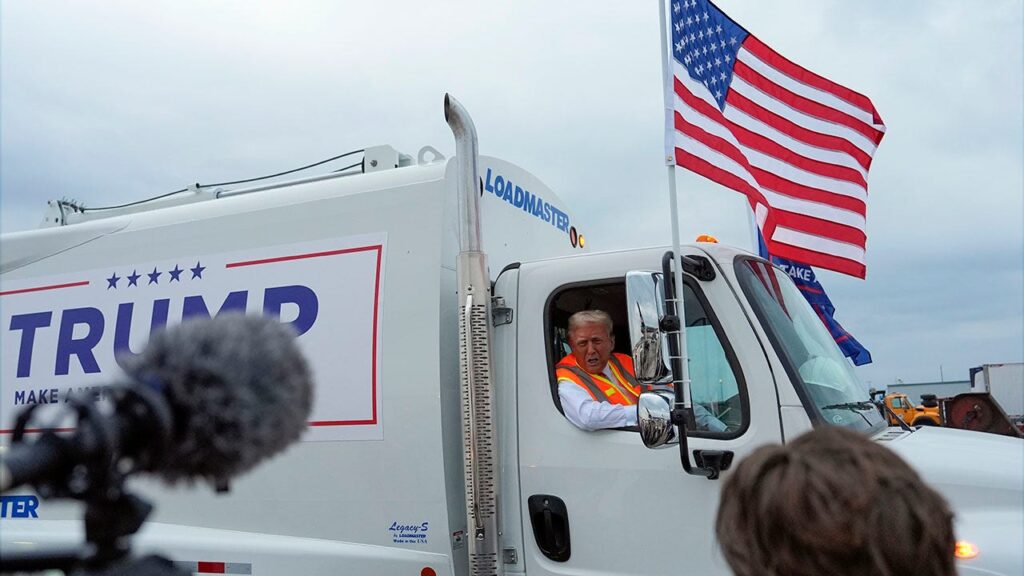 Trump hits Wisconsin in garbage truck ‘in honor of Kamala and Joe Biden’