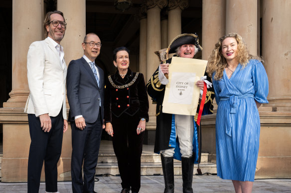 Town Crier Graham Keating announcing the City of Sydney’s Lord Mayor, Clover Moore (centre) and Clover Moore Independent Team councillors for the next four-year term (left to right) Adam Worling, Robert Kok) and Jess Miller on Thursday.