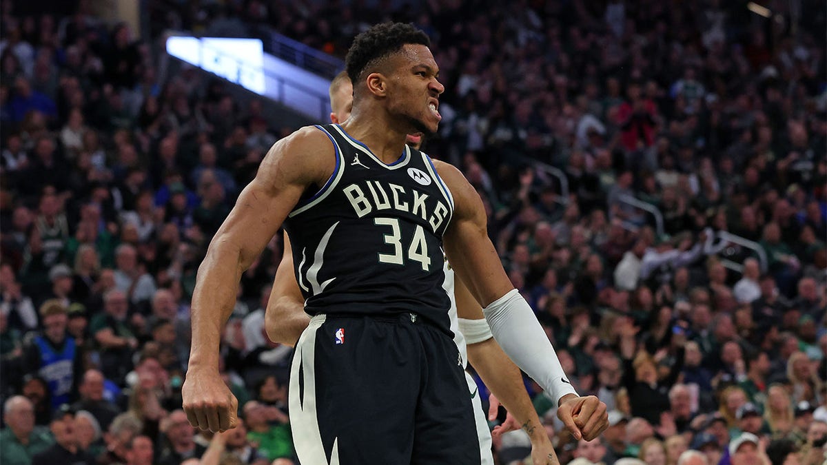 Giannis Antetokounmpo flexes against Boston