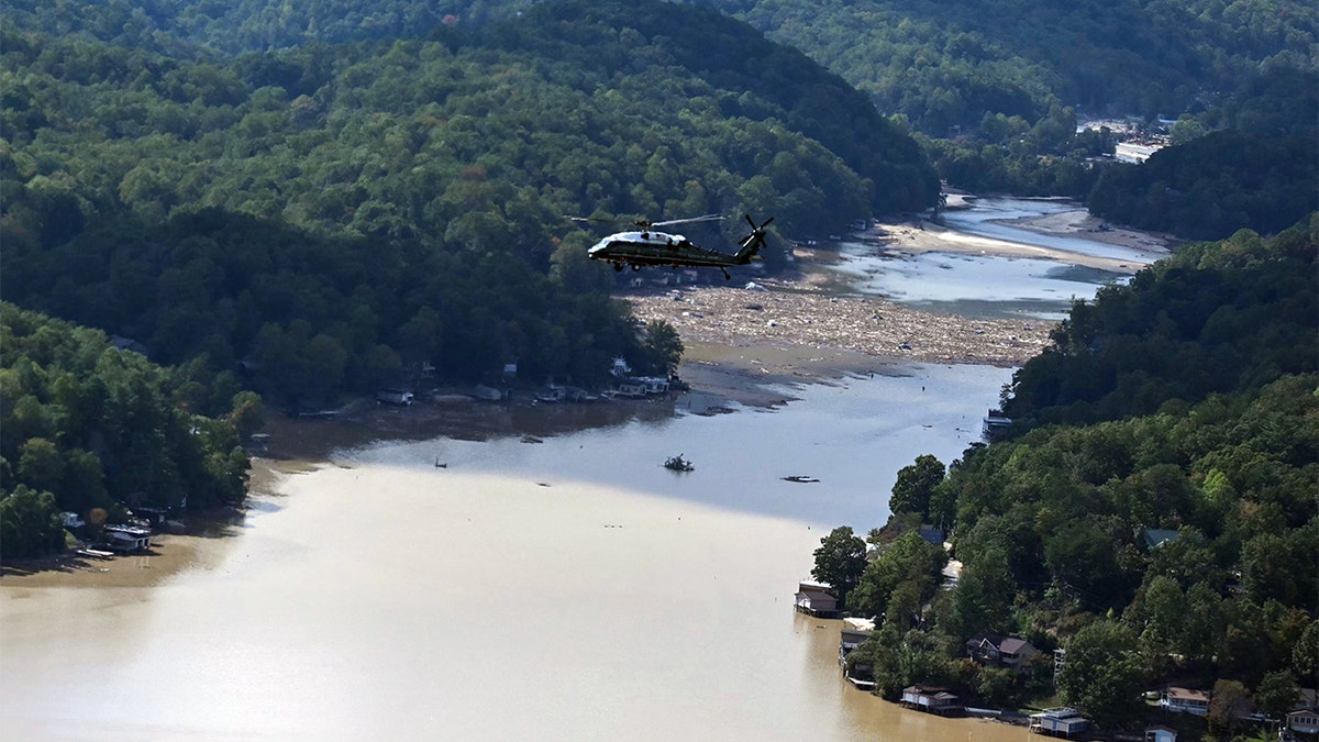 President Biden surveys hurricane damage from a helicopter in North Carolina.