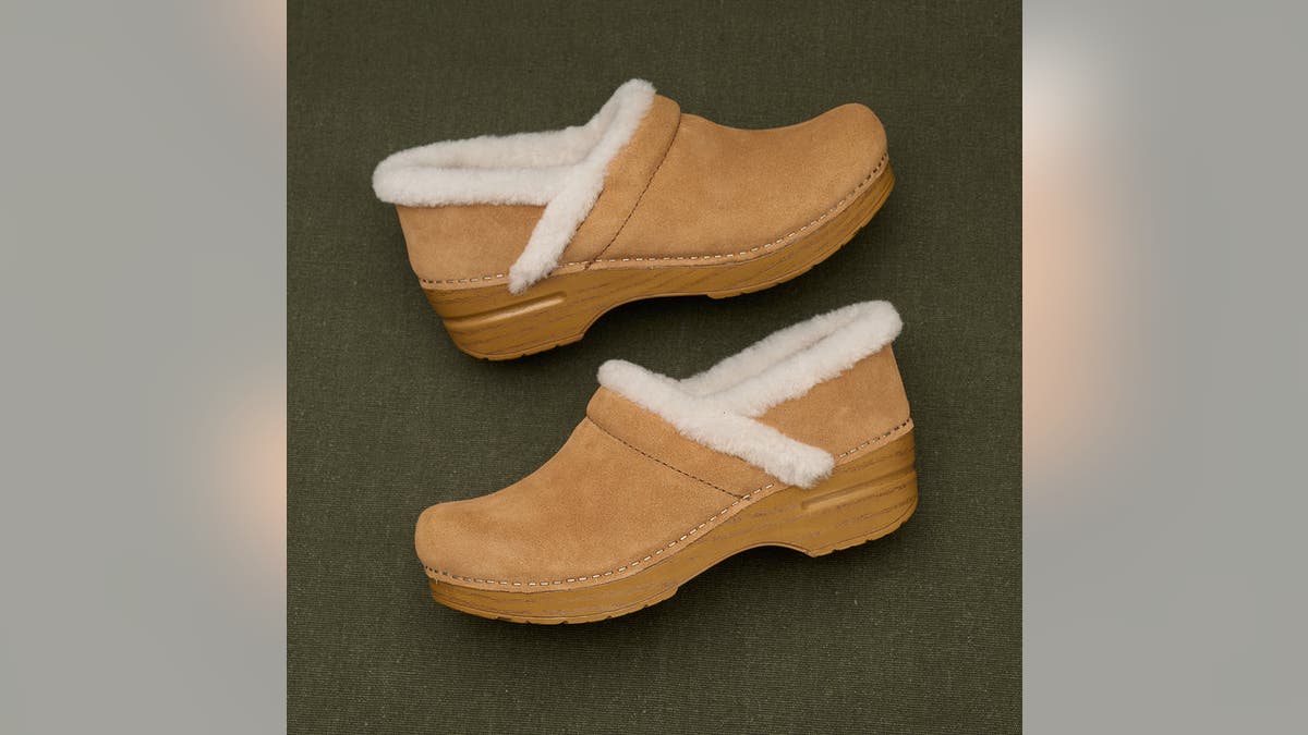 The Dansko cozy suede clog features a roomy reinforced toe box.