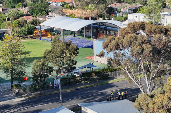 An aerial view of the scene.