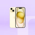 A yellow iPhone 15 against a purple gradient CNET background. 