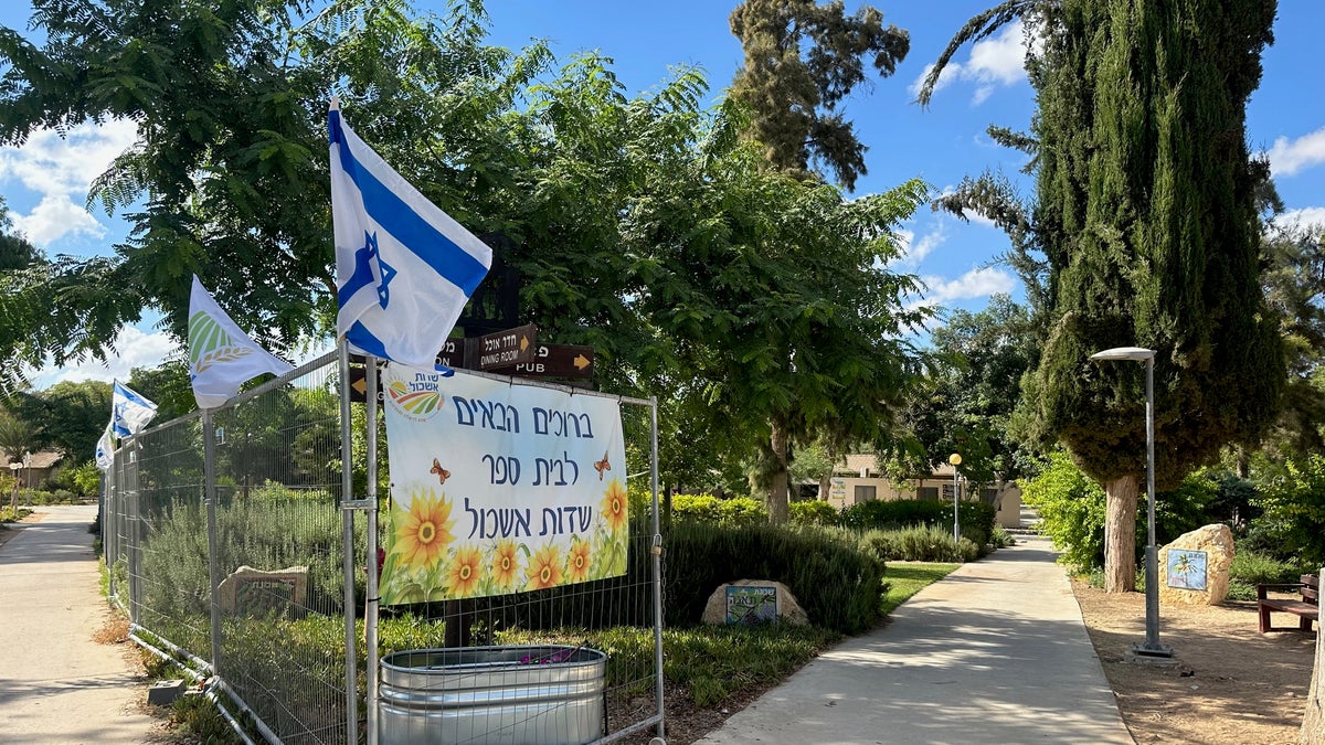 The sign at Kibbutz Gvulot school reads, "Welcome to Sedot Eskhol school." The school reopened last month.