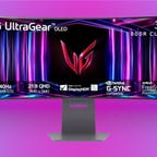 LG Ultragear gaming curved monitor on purple CNET background