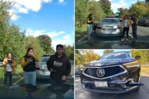 Chaotic footage shows suspected fraudsters reverse into car, fake injuries before noticing dashcam on NYC’s Belt Parkway