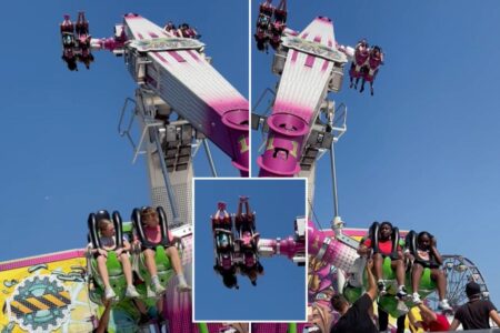 ‘Panicking’ mom watches as her kids left dangling upside down for 15 minutes in air after state-fair ride malfunction