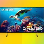 Samsung DU6900 on yellow CNET background