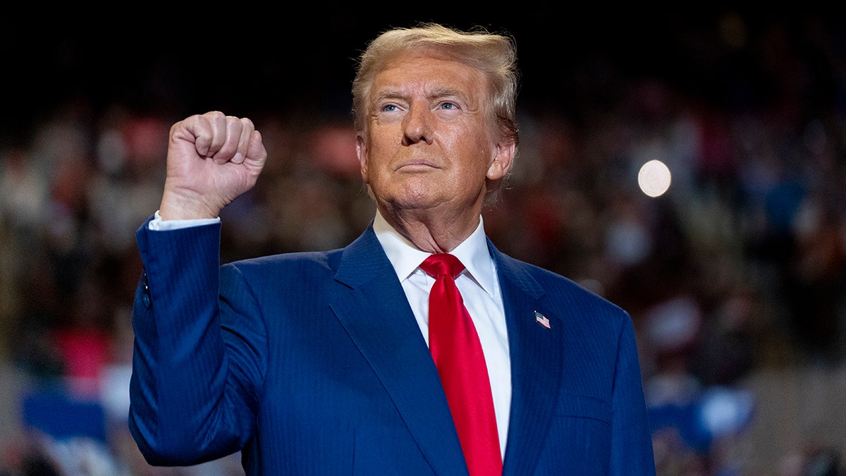 Donald Trump in a bluue suit and red tie pumps his fist in the air and looks up