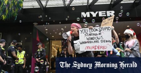 Pro-Palestine protesters gatecrash opening of Myer Christmas windows