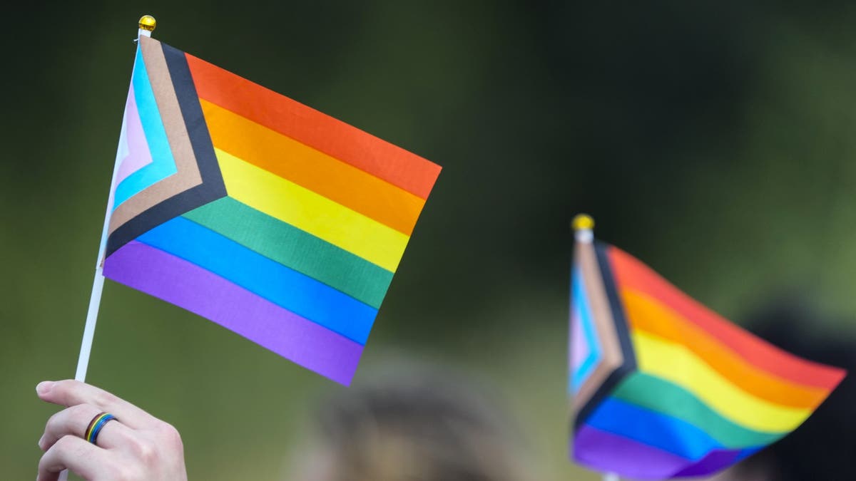 Students hold flags as they protest against Katy ISD's new transgender policy outside the school district's educational support complex on Wednesday, Aug. 30, 2023 in Katy, Texas.