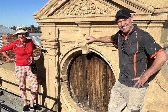 Keith McAllister and Liz Vines at the top of the Pirie Building in Broken Hill.