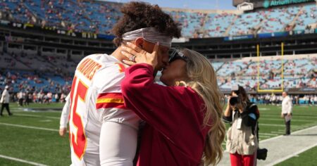 Patrick Mahomes and Pregnant Wife Brittany Share Major Sideline PDA Before Chiefs vs. Panthers Game