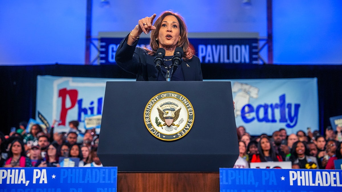 Democratic presidential nominee Vice President Kamala Harris speaks during a campaign rally at The Alan Horwitz "Sixth Man" Center on Oct. 27, 2024 in Philadelphia.