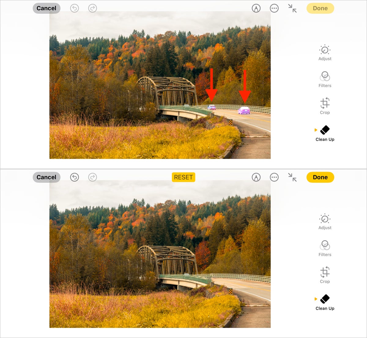 a screenshot of iPhone image editor, showing the remove of two cars from a picture of a bridge