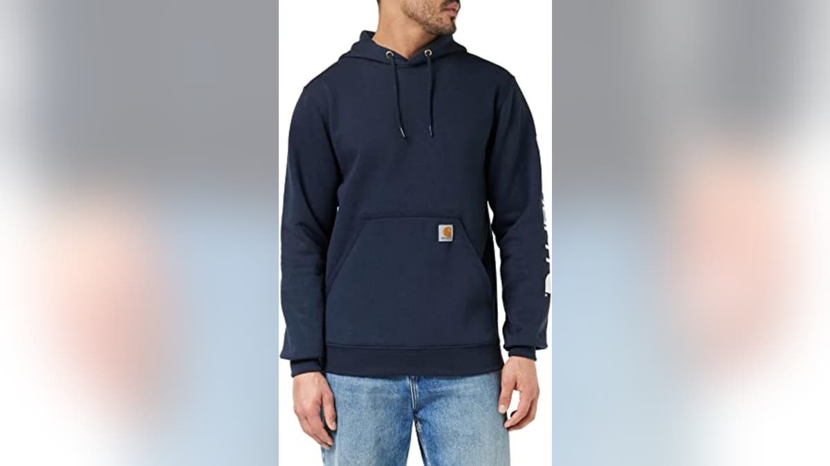 Get this classic hooded sweatshirt featuring the Carhartt logo.