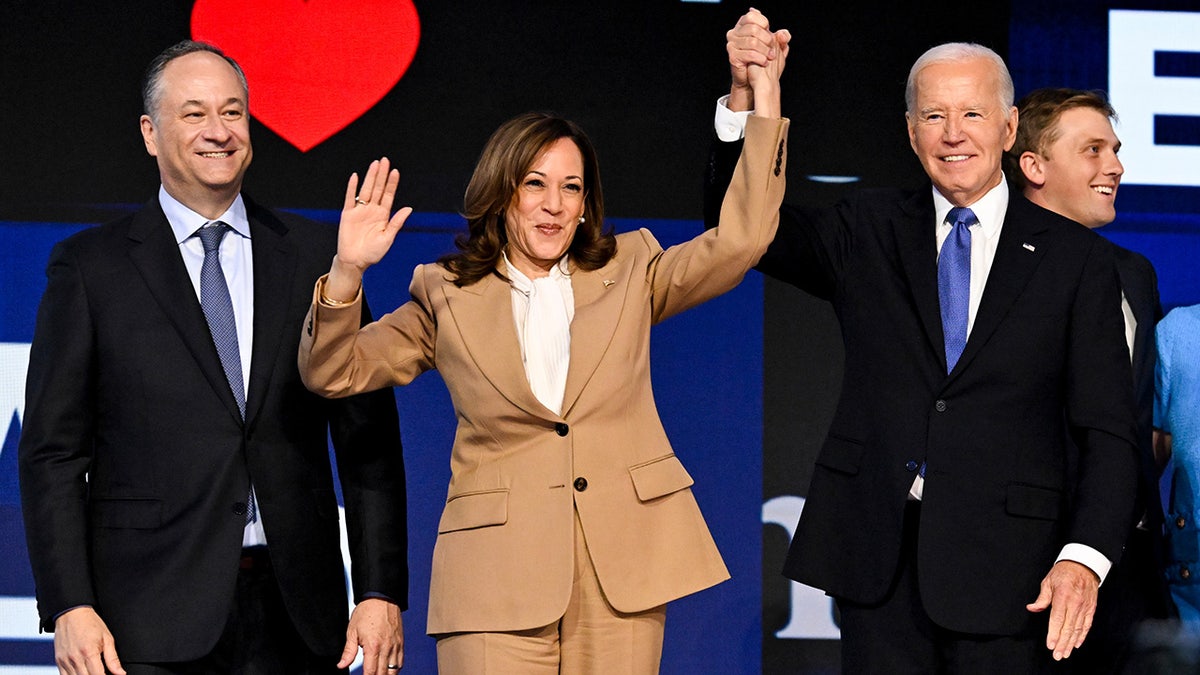 Second Gentleman Doug Emhoff, Vice President Kamala Harris, and President Joe Biden during the Democratic National Convention