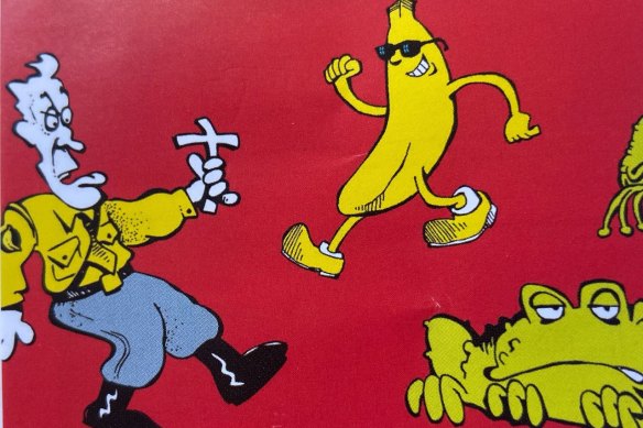 Some of Matt Mawson’s iconic characters from the era: Jackboot Joh, the 4ZZZ banana and a cane toad.