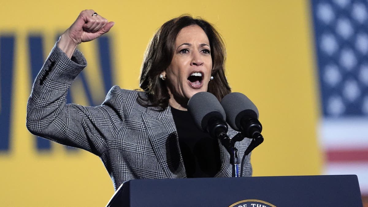 closeup shot of Kamala Harris with right arm raised