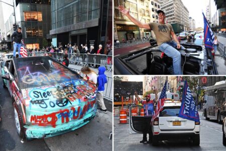 Trump supporters get rowdy outside Trump Tower in Midtown, dance on Tesla Cybertruck during Election Day