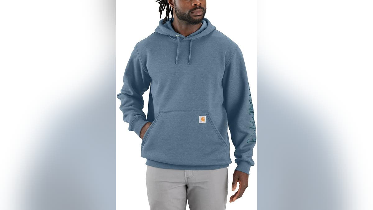 This hooded sweatshirt is comfortable and warm.