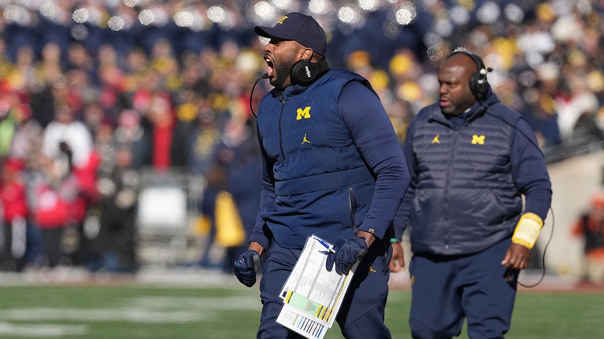 Head coach Sherrone Moore of the Michigan Wolverines reacts during the first quarter against the Ohio State Buckeyes at Ohio Stadium on November 30, 2024, in Columbus, Ohio. (Photo by Jason Mowry/Getty Images)