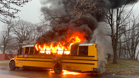 School bus caught on camera engulfed in flames after driver’s ‘quick response’ saves students from inferno