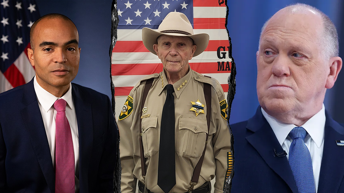 split image: Tom Homan at right, Washington state AG, left; Sheriff Bob Songer, center