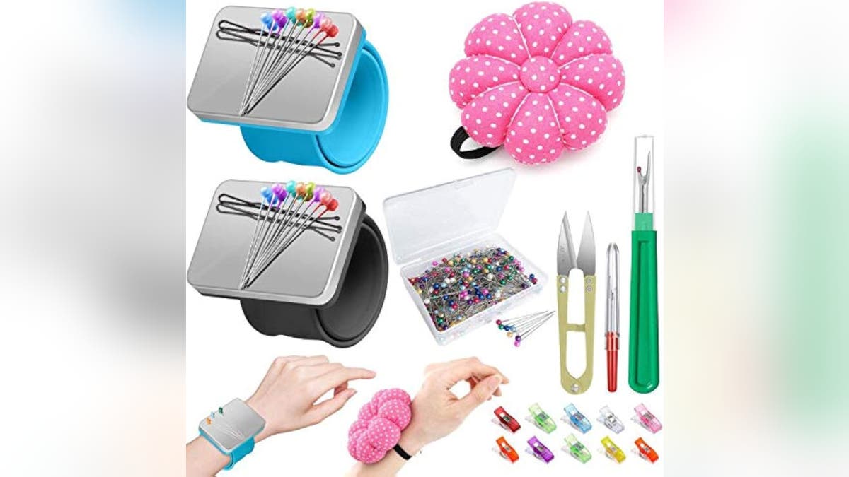 This stylish and practical pin cushion set with a magnetic holder can be a delightful yet useful addition to a sewing kit.