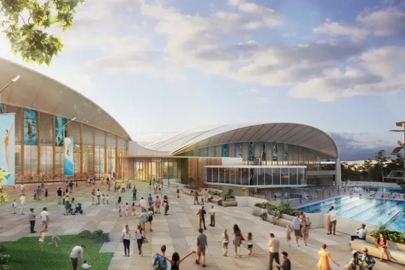 An artist’s impression of the National Aquatic Centre and Precinct, to be built at the existing Centenary Pool site in Spring Hill.