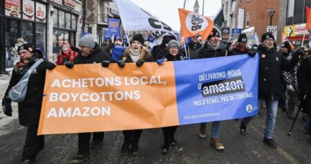 Anti-Amazon protesters in Montreal rally once again for boycott demonstration