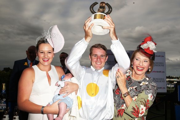 Tommy Berry, with Gai Waterhouse (right) and his fiancee Sharnee Nisbit, celebrates after winning the Golden Slipper in 2015.