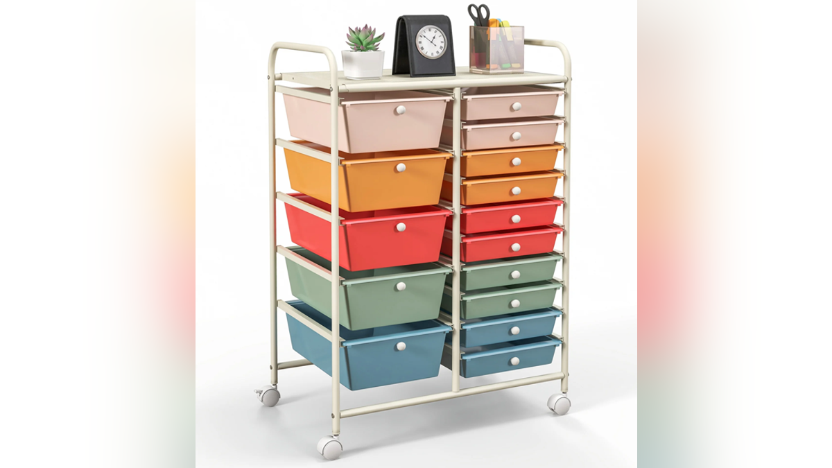 This portable rolling organizer has 15 pull-out drawers for storing tools, threads and other supplies to keep everything tidy and within reach.