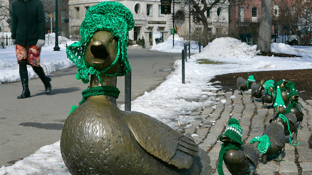 Duck statues dressed up for South Boston's St. Patrick's Day parade