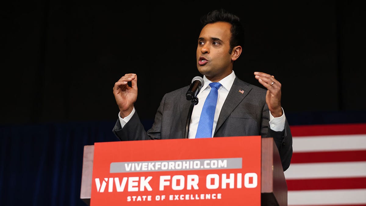 Ramaswamy speaks in Toledo at a campaign event 