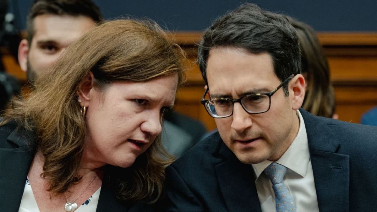 Federal Trade Commission Commissioners Rebecca Kelly Slaughter (L) chats with Alvaro Bedoya (R) before FTC Chair Lina Khan testifies during a House Judiciary Committee hearing in the Rayburn House Office Building on Capitol Hill in Washington, DC on July 13, 2023. (Photo by Shuran Huang for The Washington Post via Getty Images)