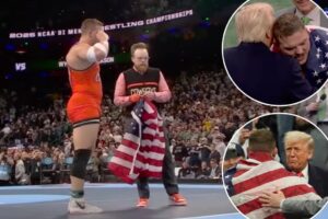 Wyatt Hendrickson, Oklahoma State and former Air Force wrestler, salutes Trump after stunning upset to win NCAA title