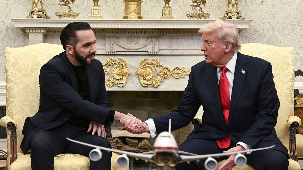 Trump shakes Bukele's hand in Oval Office