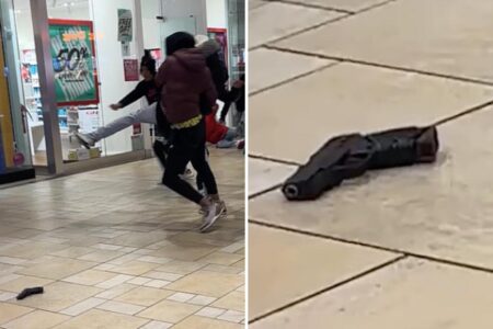 The wild moment gun flies from pocket of reputed gangbanger named ‘Tay-Tay’ during LI mall brawl