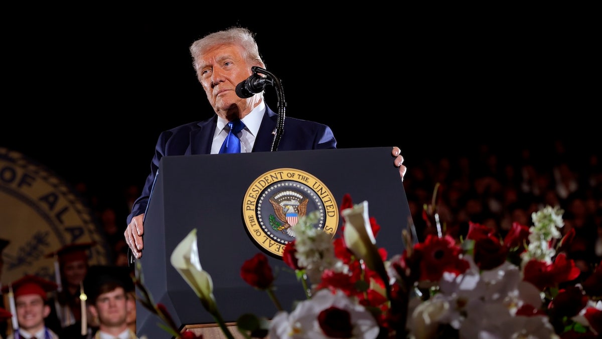 President Donald Trump delivers remarks to graduating students at the University of Alabama in Tuscaloosa on May 1, 2025.