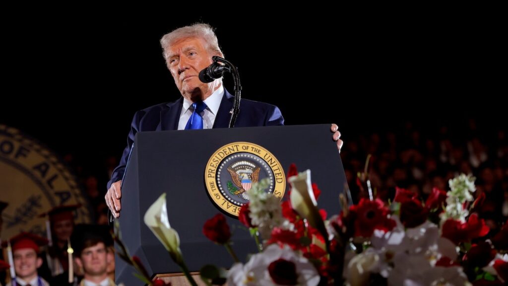 Trump mocks trans athletes in women’s sports to roaring applause at Alabama commencement speech