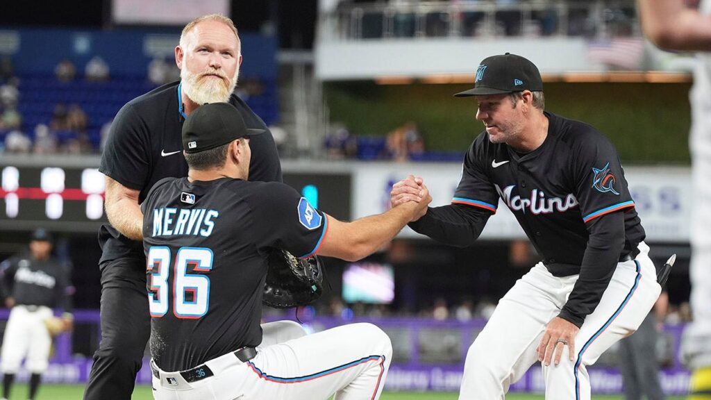 Marlins’ Matt Mervis suffers brutal hit in the groin after missed play
