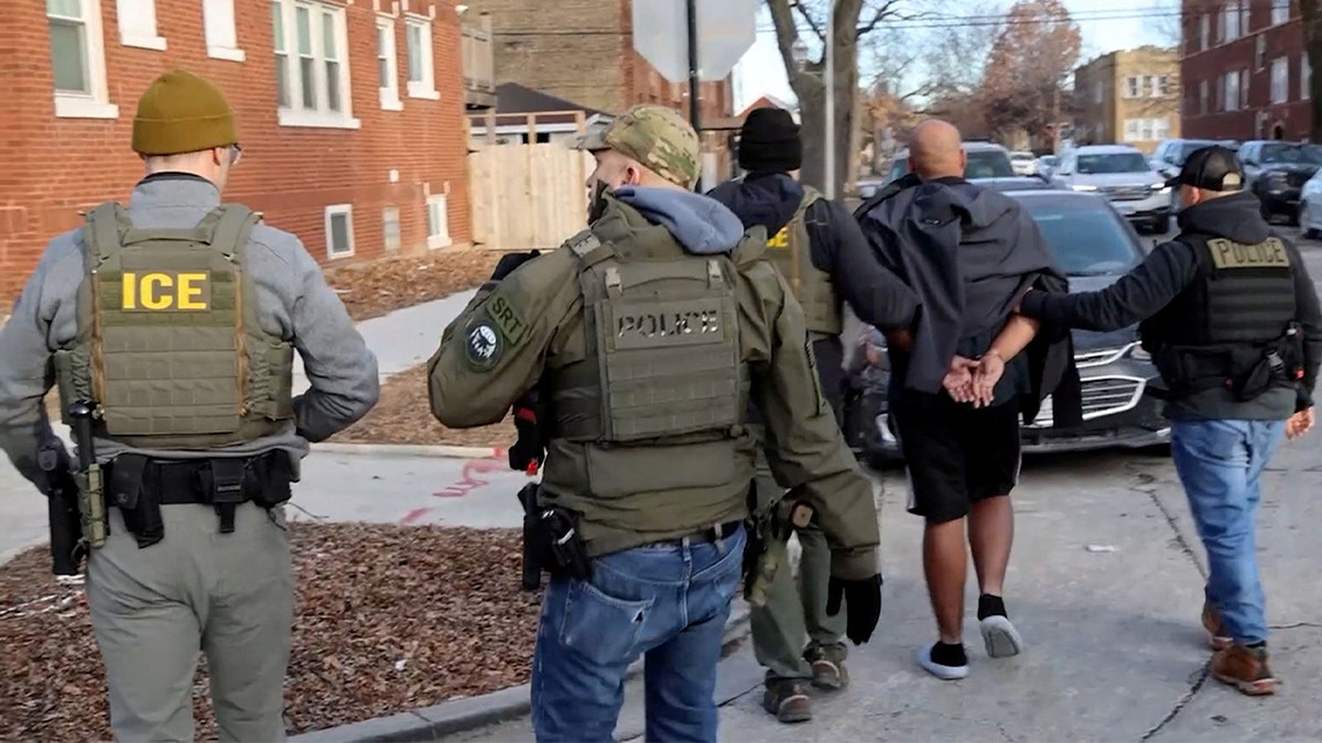 U.S. Immigration and Customs Enforcement agents conduct an arrest as part of President Donald Trump's wide-ranging immigration crackdown in Chicago on January 26, 2025 in a still image from video.