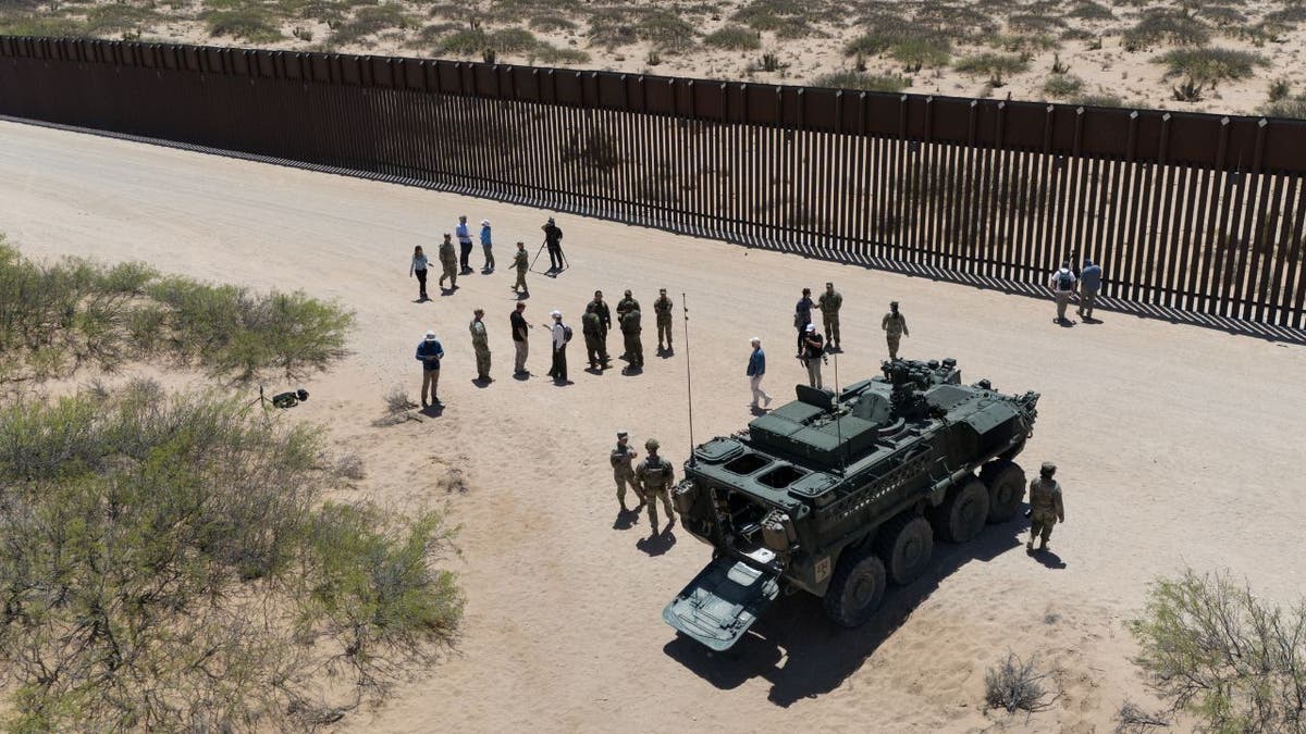 soldiers at Mexican border seen from air